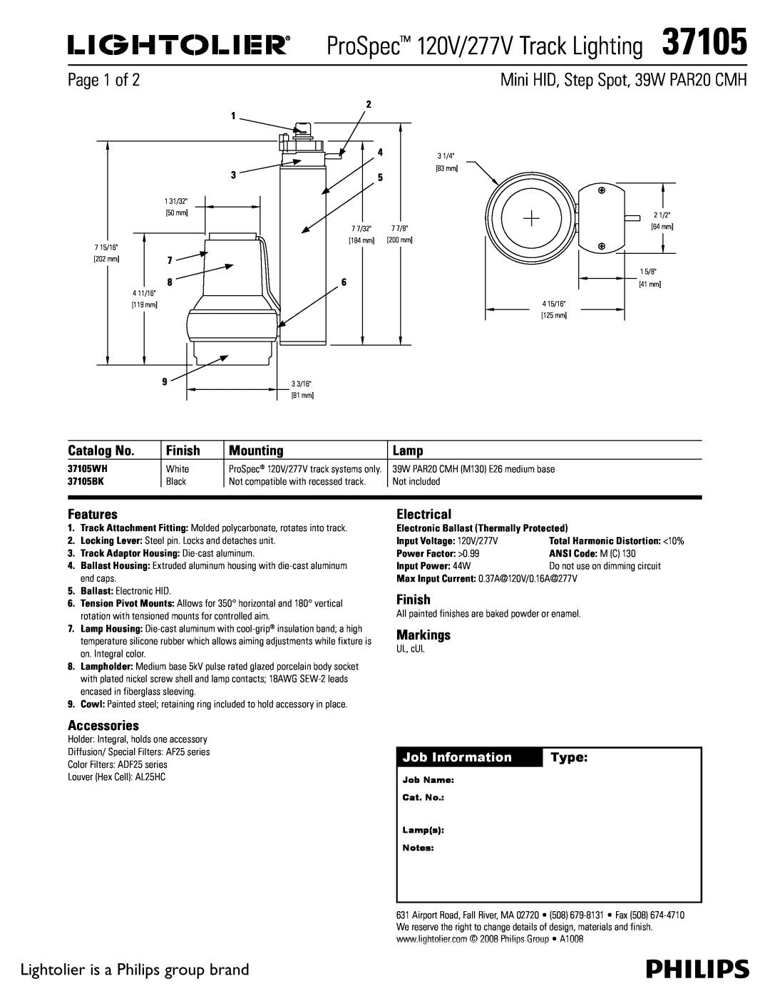 Lightolier 37105 manual Page 1 of, Lightolier is a Philips group brand, Catalog No, Finish, Mounting, Lamp, Features, Type 